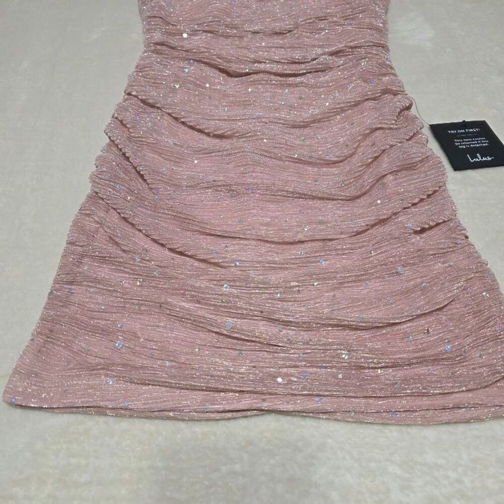 Lulus Flirty Vibes Bodycon Mini Dress Small Pink Shimmer Sequin Straps New w/Tag - Picture 2 of 14